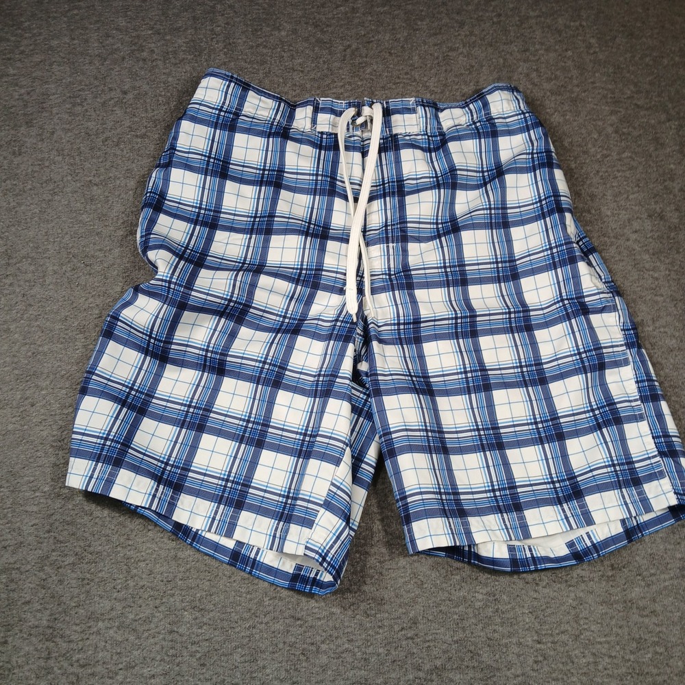 Sonoma Swim Trunks Mens Large Blue White Plaid Board Shorts Lined Drawstring